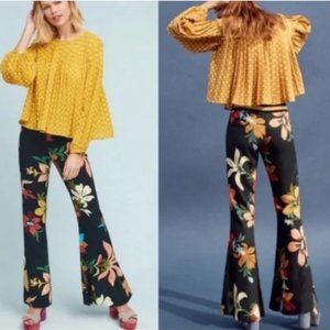 Farm Rio Bell Bottom High Rise Pants Small Black Floral Print  Side Zip Viscose